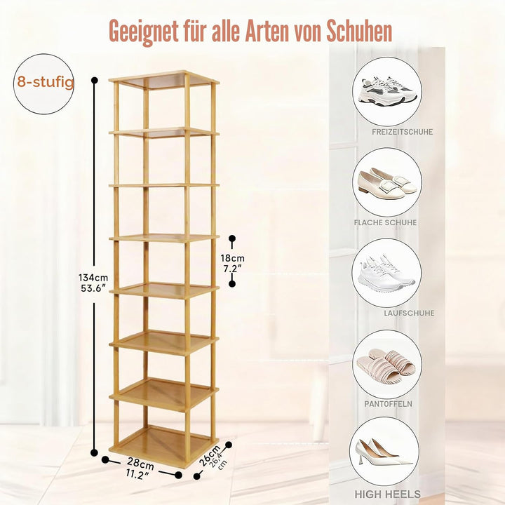 Aniston Bambus-Schuhregal, 8 Ebenen, vertikales Schuhregal für kleine Räume, freistehend, hoch, schm