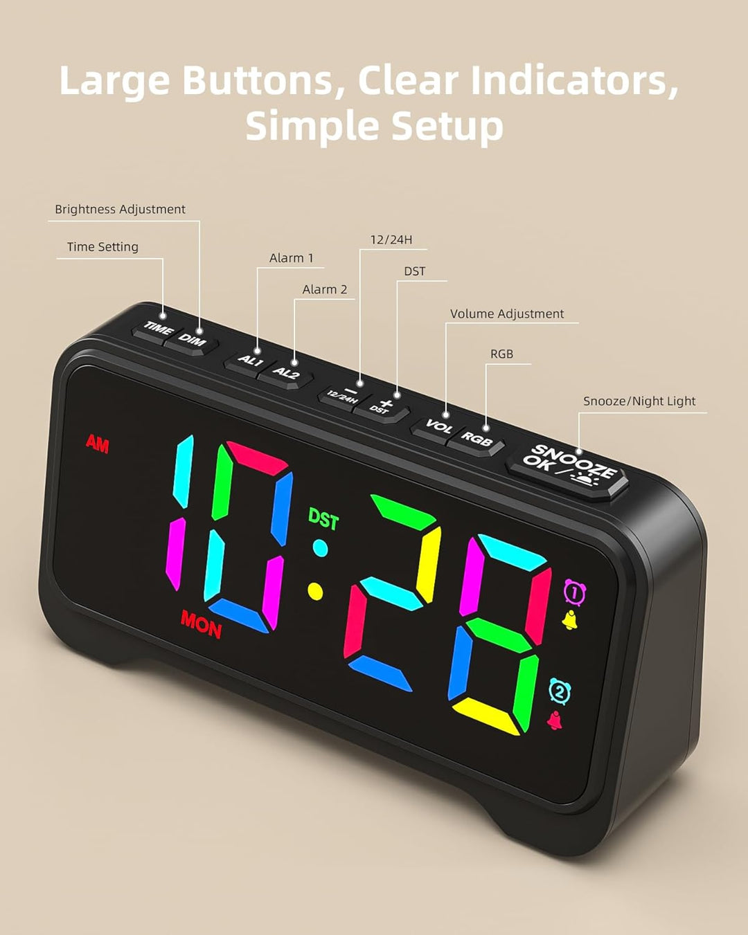 ROCAM LED Wecker Digital mit Grossen Zahlen, Nachttisch Wecker mit Typ-C & USB-Ladeanschluss, Dualer