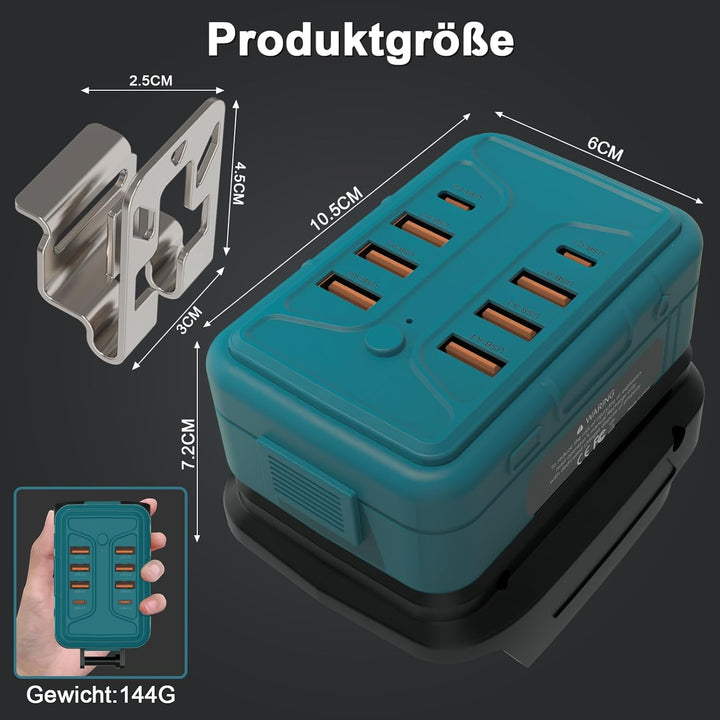 8-in-1 Ladeadapter & USB Adapter für Makita 18V Akkus - Handy Ladegerät mit 6X USB-A & 2X Type-C Sch