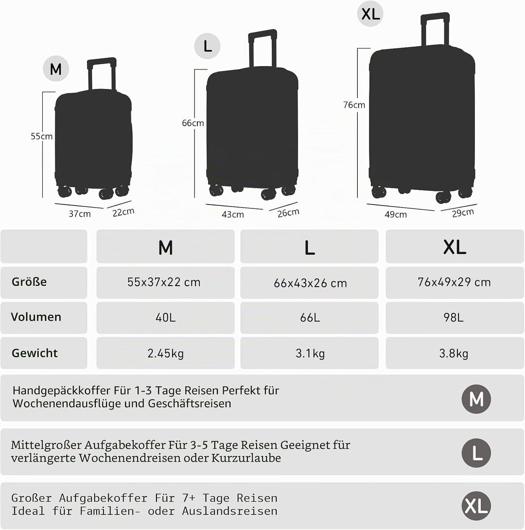Reisekoffer Trolley, Rollkoffer Handgepäck Set, Travel Koffer Suitcase mit 4 Rollen 360°, Zahlenschl