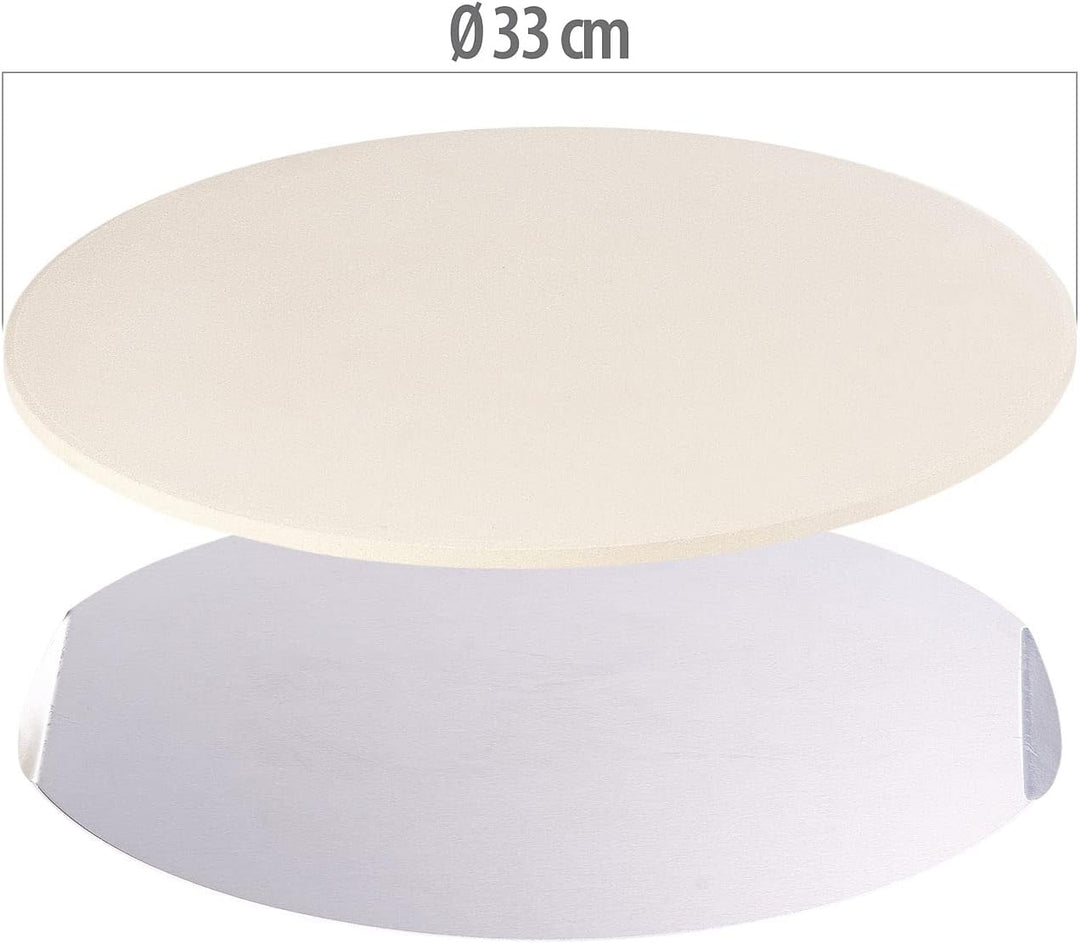 Pizzabackstein: Runder Pizzastein mit Aluminium-Servierblech, Ø 33 cm (Steinbackofen-Pizza-Platten,