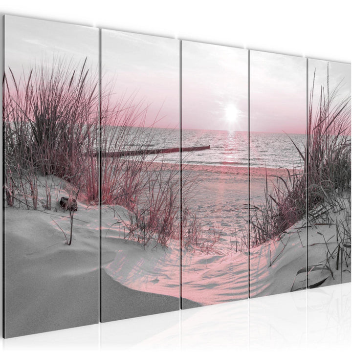 Runa Art Wandbild XXL Strand Sonnenuntergang Schlafzimmer Wohnzimmer 200 x 80 cm Rosa Grau 5 Teilig