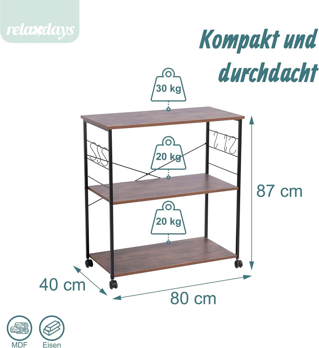 Relaxdays Küchenrollwagen, 3 Ablagen, 6 S-Haken, Küche, Servierwagen HxBxT: 87 x 80 x 40 cm, MDF & E