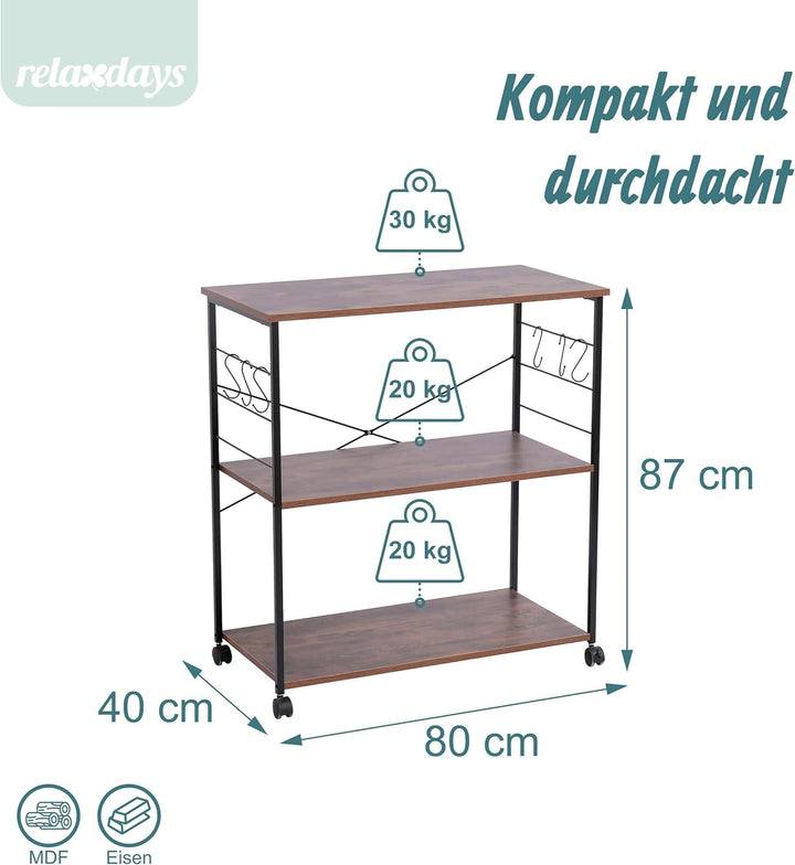 Relaxdays Küchenrollwagen, 3 Ablagen, 6 S-Haken, Küche, Servierwagen HxBxT: 87 x 80 x 40 cm, MDF & E