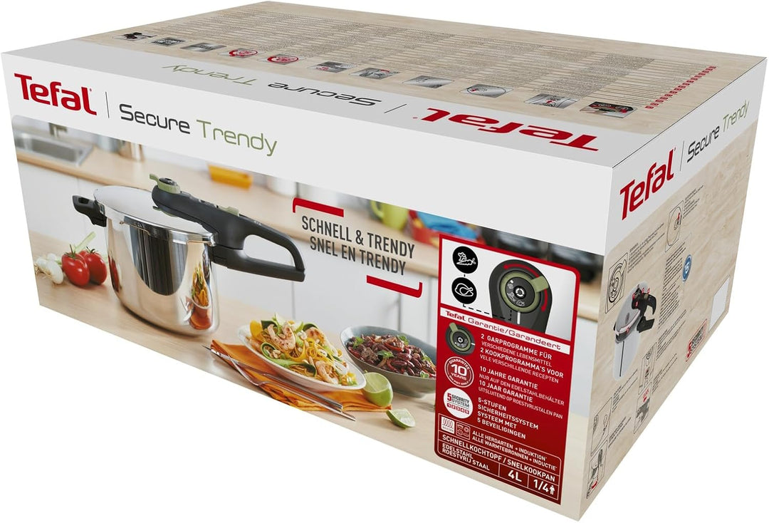 Tefal P2580400 Secure Trendy Schnellkochtopf 4 L | 2-Stufen-Garregler: Intensivstufe 117°C, Schonstu