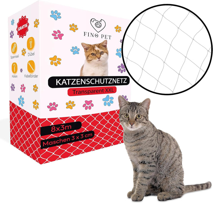 FinoPet Katzennetz für Balkon 8x3 Meter transparent inklusive Befestigungsmaterial, Katzenschutznetz