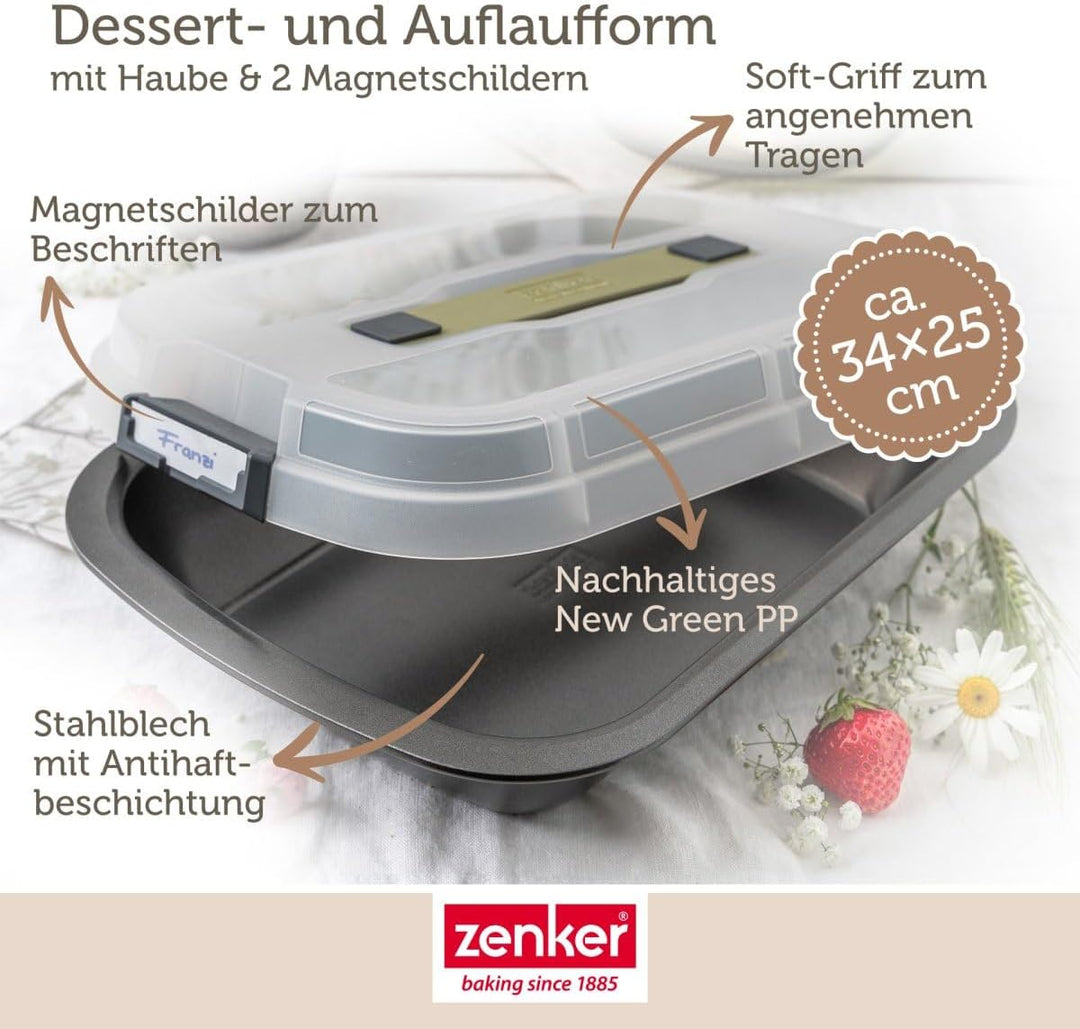 Zenker Bake, Click & Go Dessert- und Auflaufform mit Haube – 34 x 24,5 x 8 cm – Backform mit passend