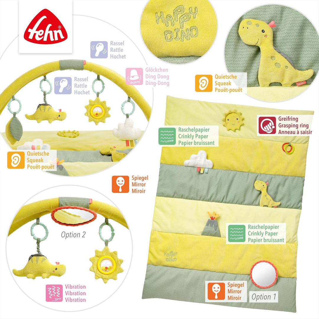 Fehn 3-D-Activity-Decke Spielbogen Happy Dino – Baby Krabbeldecke mit 4 abnehmbaren Spielzeugen zum