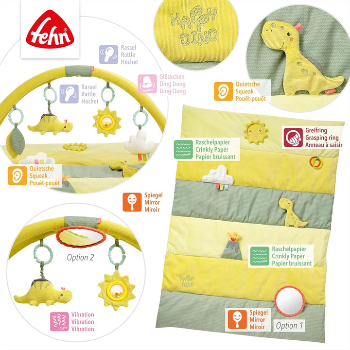 Fehn 3-D-Activity-Decke Spielbogen Happy Dino – Baby Krabbeldecke mit 4 abnehmbaren Spielzeugen zum