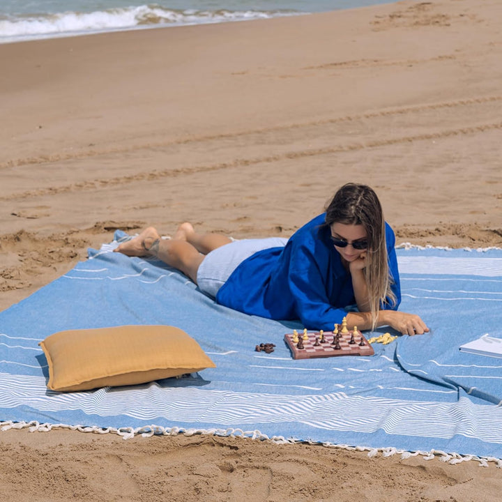 MOMOMUS Fouta XXL, Sandfrei, mit Fransen - Grosses Strandtuch XXL, aus Baumwolle, Sandabweisend - Id