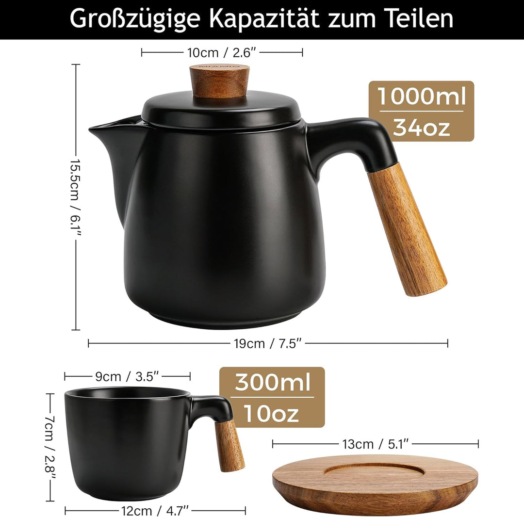 MIAMIO - 1 Liter Keramik-Teekanne-Set mit Siebeinsatz und Tassen/Teesieb, 4 Keramik-Teetassen (300 m