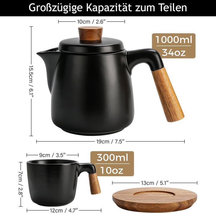 MIAMIO - 1 Liter Keramik-Teekanne-Set mit Siebeinsatz und Tassen/Teesieb, 4 Keramik-Teetassen (300 m