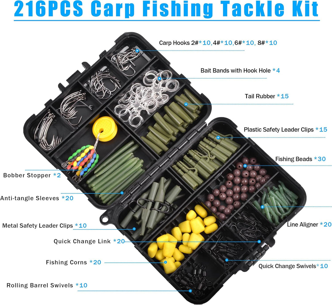 216stk Karpfen Angelzubehör Set Karpfenangeln Vorfächer Kit inkl. Karpfenhaken Wirbel Snaps Sleeves