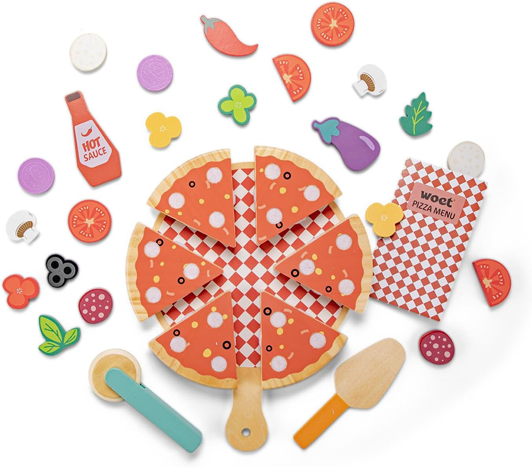 Woet® Holz Pizza Spiellebensmittel Set, 32 Teile mit Belag, Pizzaschneider, Servierbrett, Menükarte