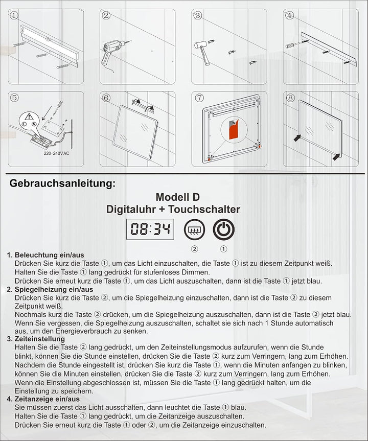 AQUABATOS LED Badspiegel 120x60 cm Wandspiegel Badezimmerspiegel antibeschlag mit Digital Uhr Kosmet