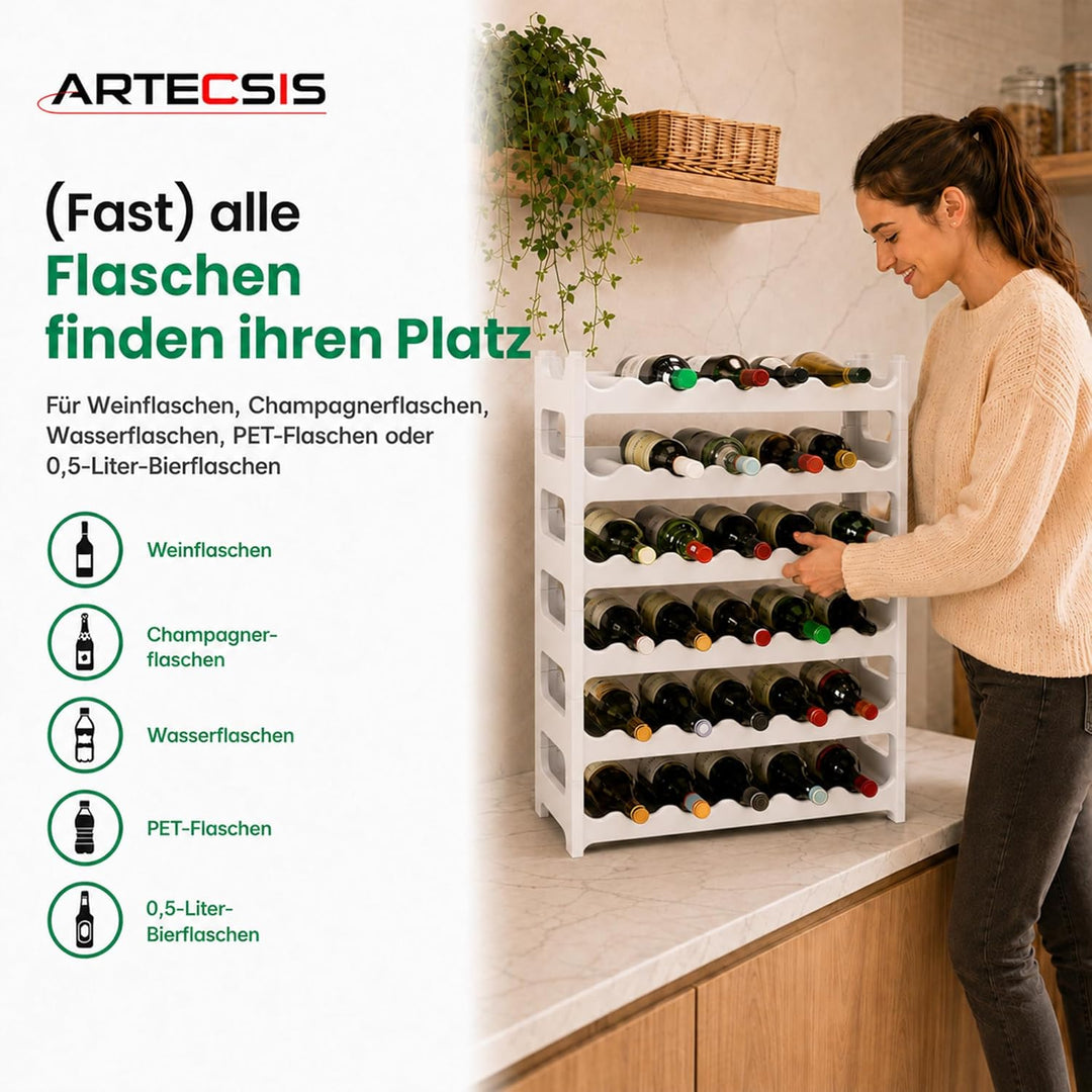 ARTECSIS® Weinregal stapelbar & modular erweiterbar Kunststoff für 36 Weinflaschen (weiss) - Stabile