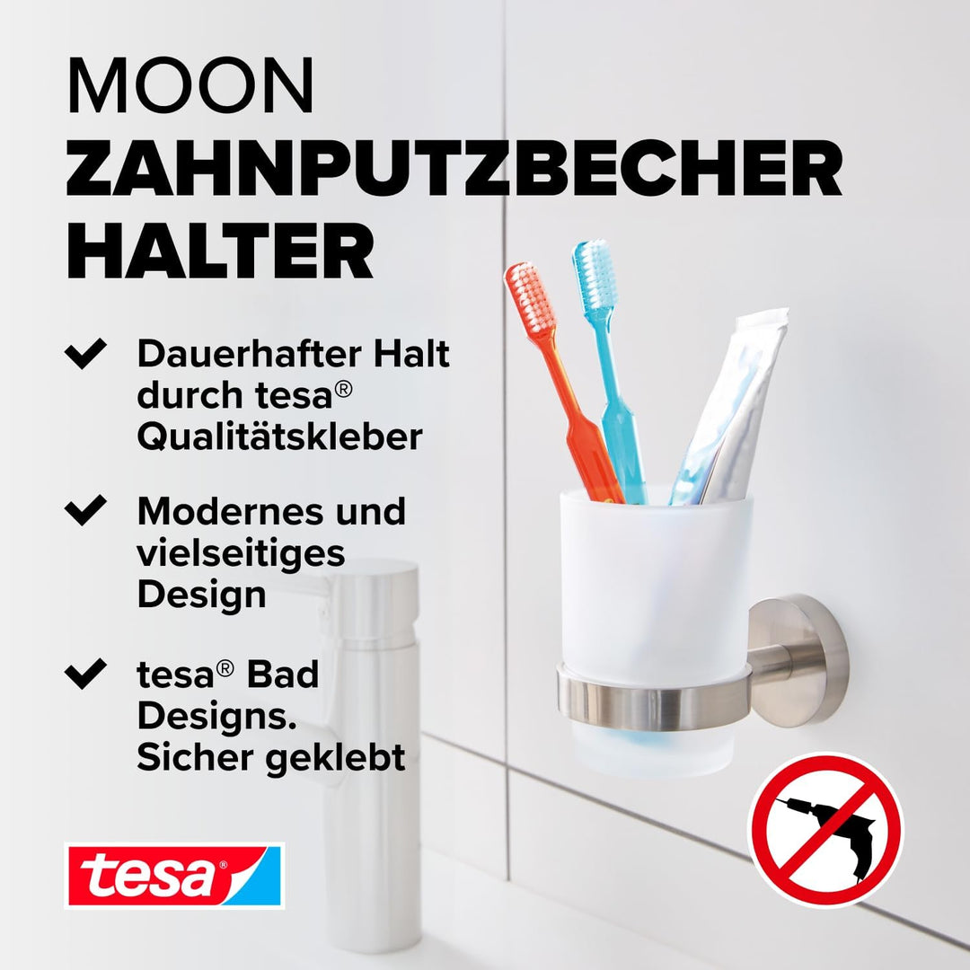 tesa Moon Zahnputzbecher mit Halterung - Becher aus satiniertem Glas, verchromte Wandhalterung - zur