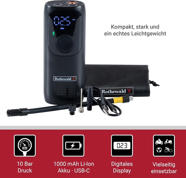 Rothewald Akku Druckluftpumpe 10 Bar, Elektrische Luftpumpe mit Digitalem Manometer, Reifenpumpe für