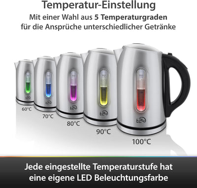 T24 Edelstahl Wasserkocher 1,7 L mit Temperatureinstellung 2200W, LED Beleuchtung-Farbe je nach Temp