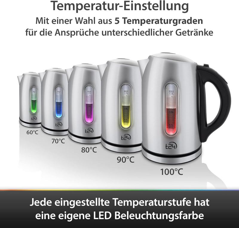 T24 Edelstahl Wasserkocher 1,7 L mit Temperatureinstellung 2200W, LED Beleuchtung-Farbe je nach Temp