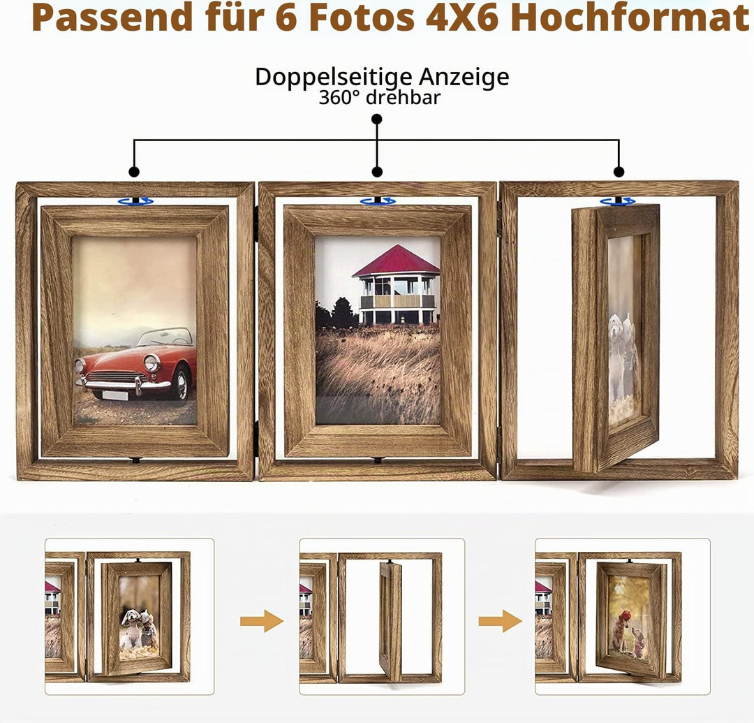 Emfogoo Bilderrahmen 10x15, Rustikal Holz 3 Falten Fotorahmen mit Doppelseitigem Display Drehbar Bil