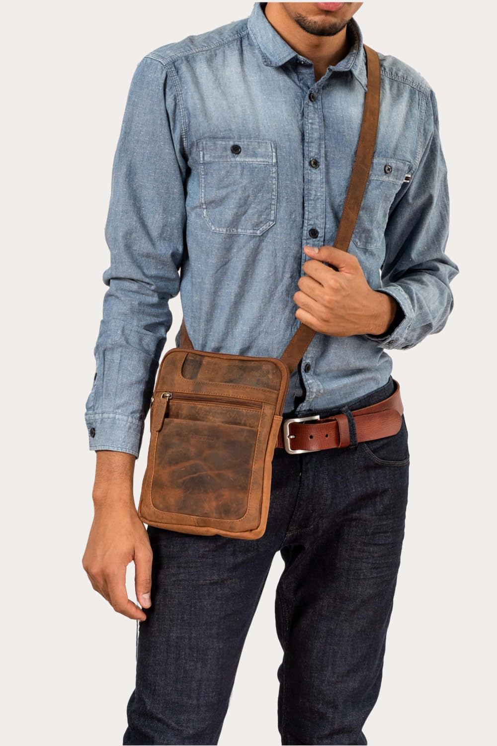 LEABAGS Detroit Umhängetasche Herren – Kleine Leder Umhängetasche 21x26 cm – Mini Crossbody Tasche m