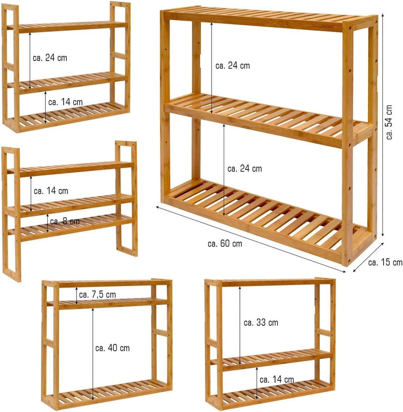 DuneDesign Bambus Wandregal - 15cm schmal - 60x54 Natur - Bad Küche Holz Regal Badregal Küchenregal,