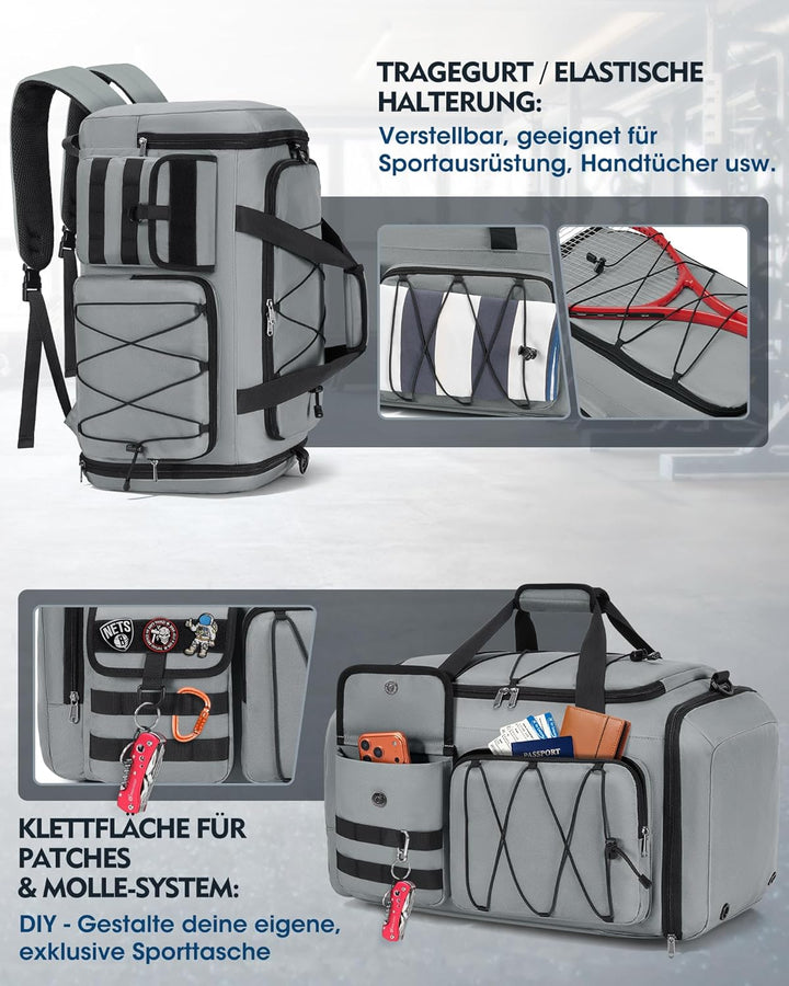 RAINSMORE 45L Sporttasche Herren Damen, 3-IN-1 Reisetasche mit Schuhfach Nassfach, Wasserdicht Gym D