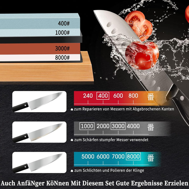 ALPXUXP Schleifstein Set Körnung 400/1000 3000/8000 Professionell Nass Wetzstein Doppelseitiger（Mit