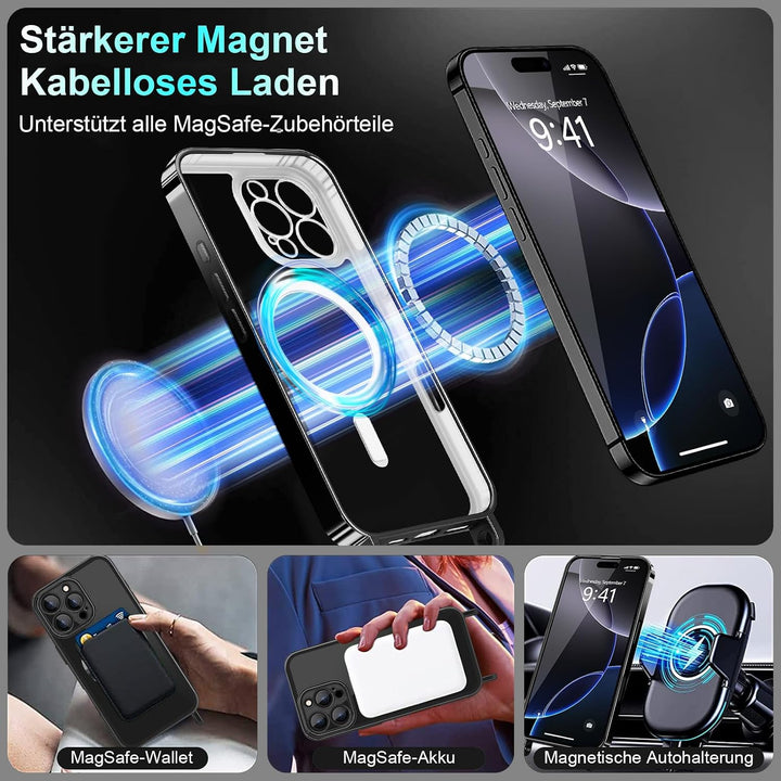 Handyband für iPhone 16 Pro Max Hülle mit Band + 2 Stück Glas Schutzfolie Transparent Silikon Handyh