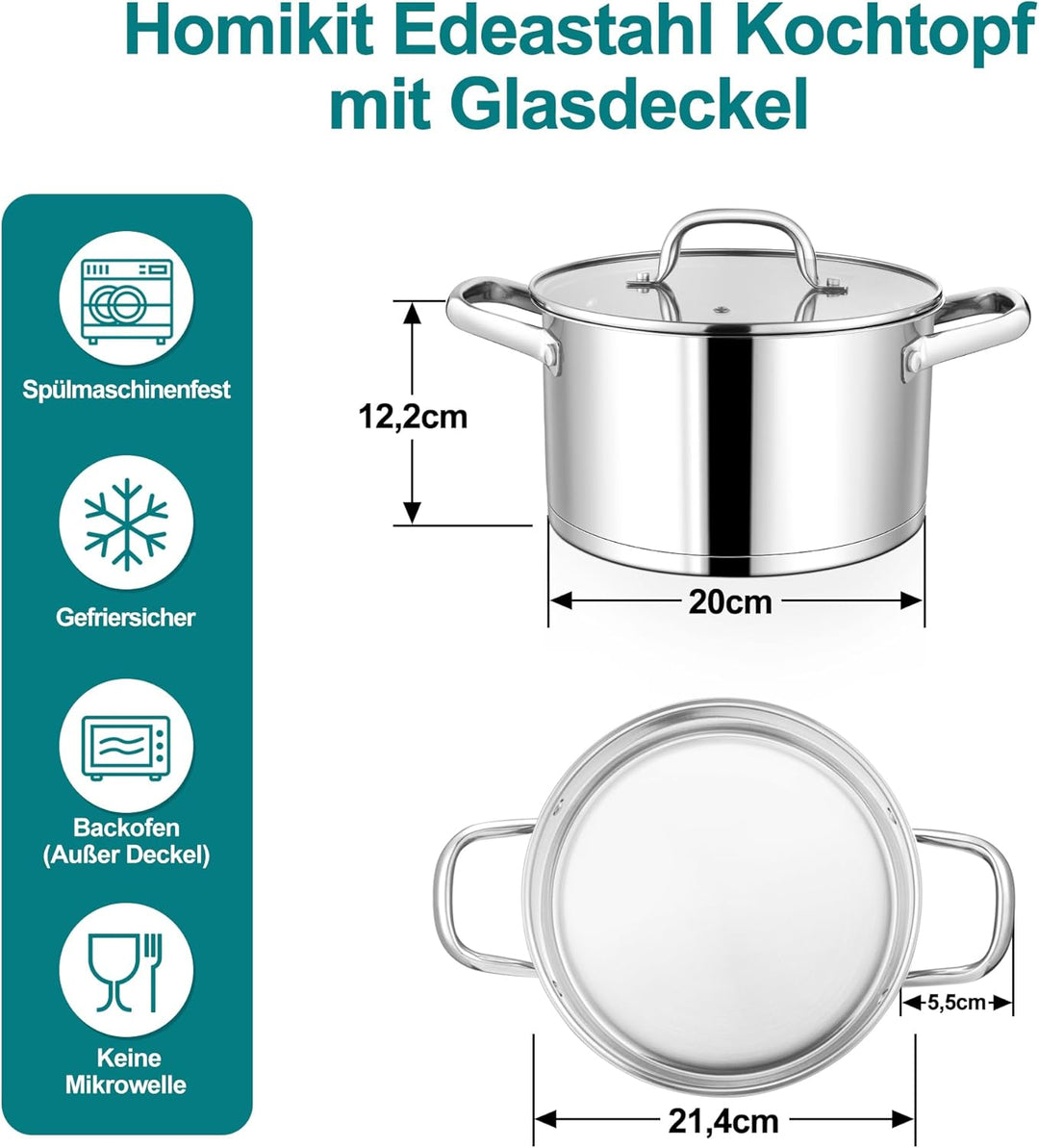 Homikit Kochtopf 20cm Gross, Edeastahl Topf Nudeltopf Induktion mit Glasdeckel, 3,8L Suppentopf Flei
