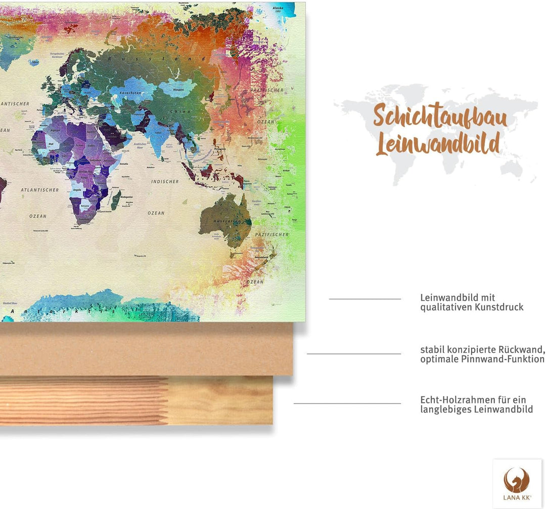 Stilvolle Pinnwand Weltkarte - Bunt - Deutsch in 120 x 80 cm, stabile Rückwand zum Pinnen inkl. Star