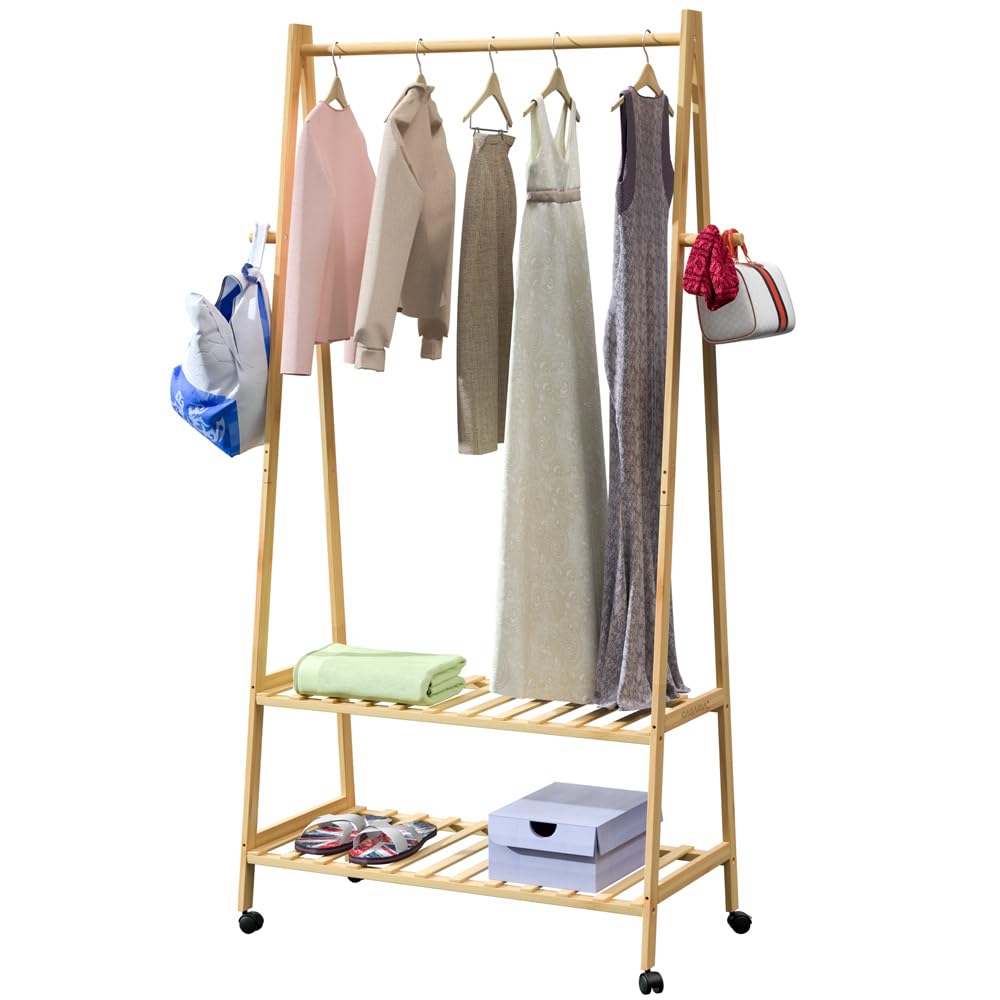 Casaria® Bambus Kleiderständer auf Rollen stabile Kleiderstange mit Ablagen & Haken platzsparender G