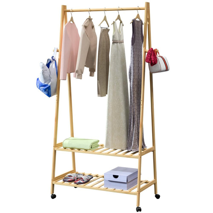 Casaria® Bambus Kleiderständer auf Rollen stabile Kleiderstange mit Ablagen & Haken platzsparender G