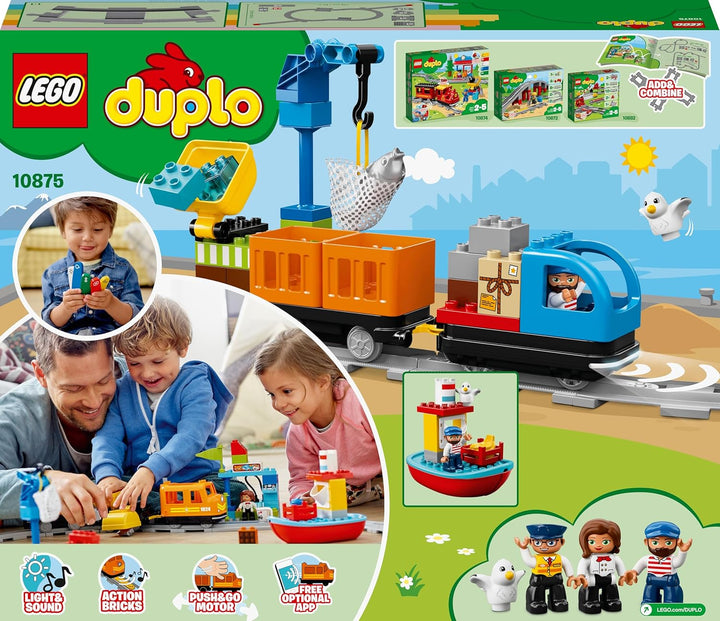 LEGO DUPLO Güterzug, „Push & Go“-Lok mit Lichtern und Geräuschen, Funktionssteinen und 2 Kranen, Spi