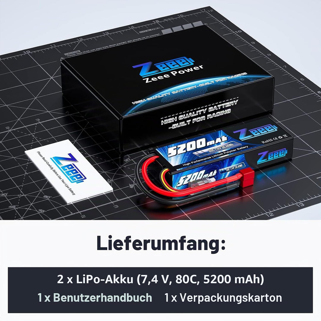 Zeee 2S Lipo Akku 5200mAh 7,4V 80C RC Lipo Batterien mit T Stecker für RC Evader BX Auto Car Truck L