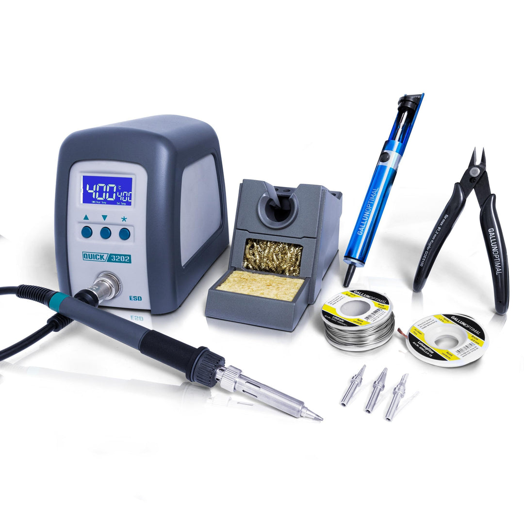QUICK 3202 Digital Regelbare ESD Lötstation 90 Watt inkl. Lötkolben mit 1 mm Lötspitze und Zubehör -