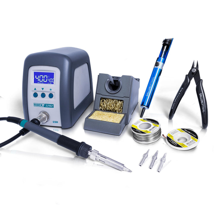 QUICK 3202 Digital Regelbare ESD Lötstation 90 Watt inkl. Lötkolben mit 1 mm Lötspitze und Zubehör -