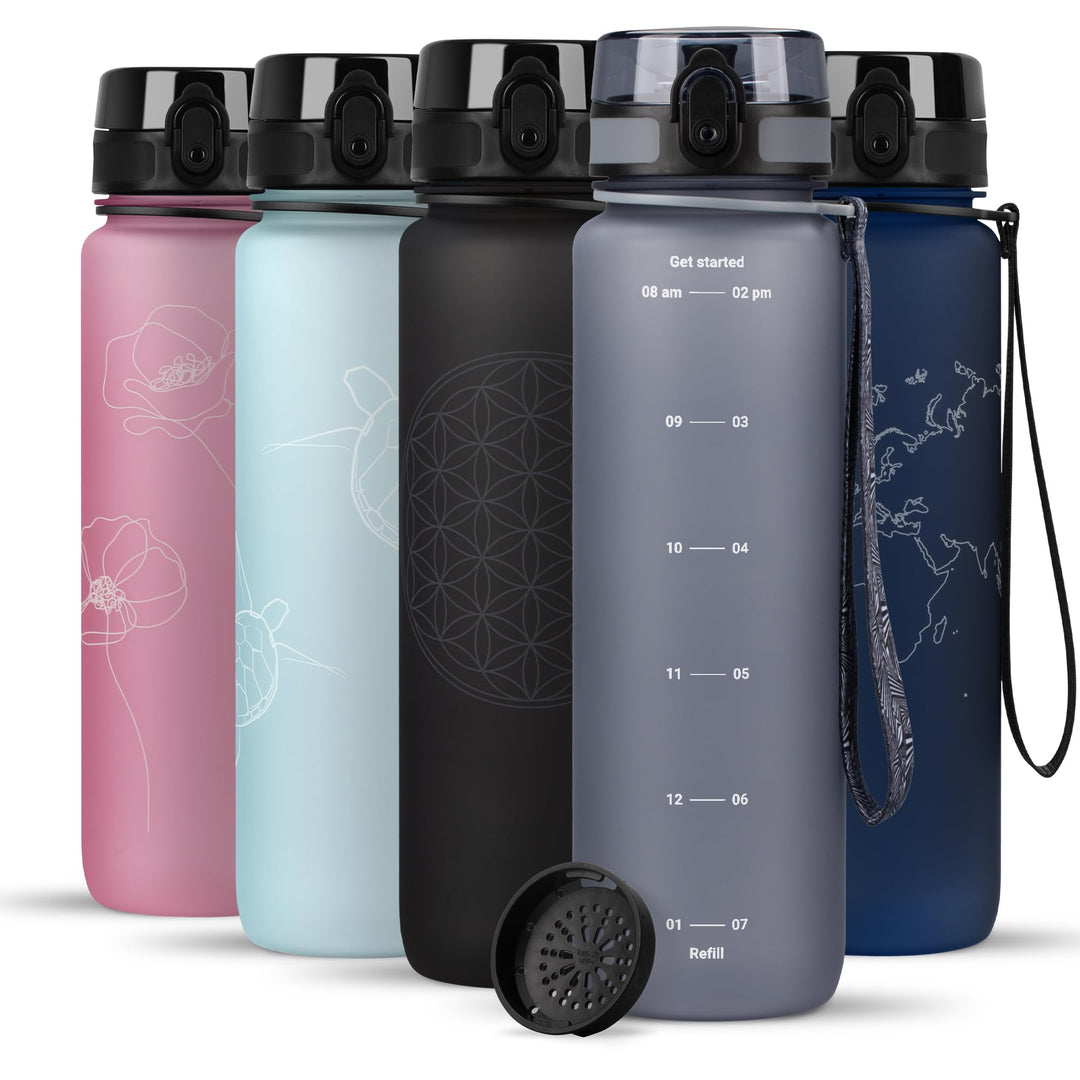 720°DGREE Trinkflasche 1l mit Motivationsskala “uberBottle“ +Sieb - BPA-Frei - Wasserflasche für Uni