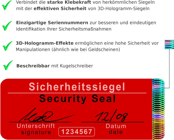 1000 Stk – Sicherheits-Siegel mit Seriennummer ohne Rückstände - 70x25mm rot, beschreibbar – Sicherh