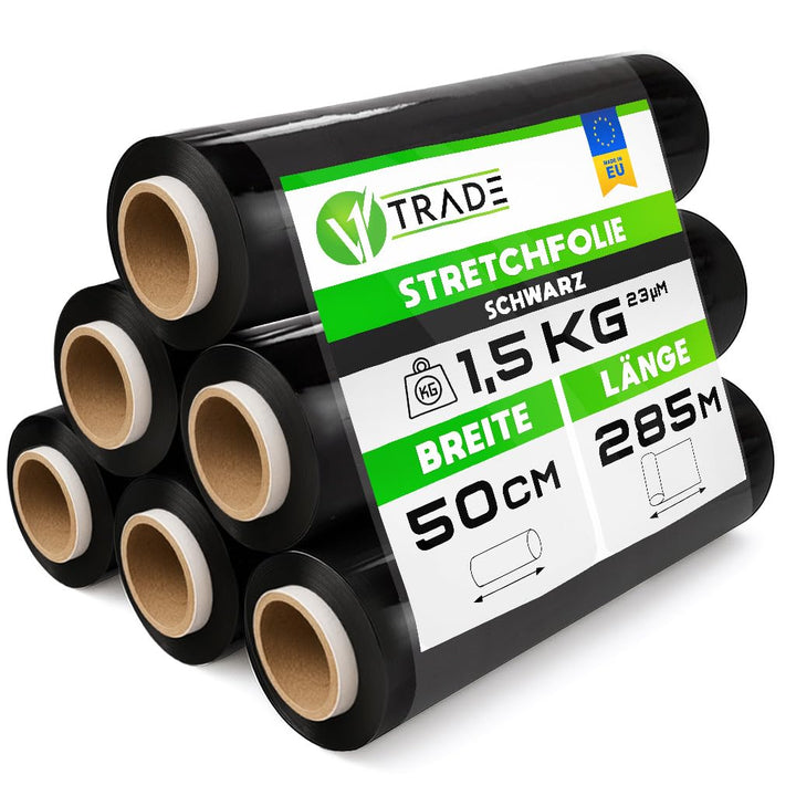 V1 TRADE Stretchfolie Schwarz Strechfolienrolle 1,5kg - Wickelfolie - Handstretchfolie 285m/50cm Ver