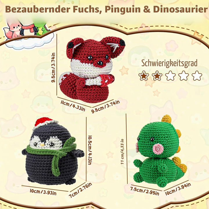 Häkelset für Anfänger Kinder - 3 Stück Tiere Häckel Kit für Kinder Erwachsene, Amigurumi Strickset m
