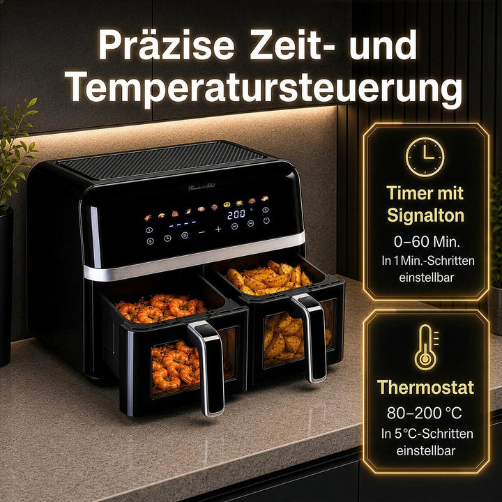 Rosenstein & Söhne Fritteuse: Dual-Heissluftfritteuse, 2 Schubladen mit Sichtfenster, 10 Programme (