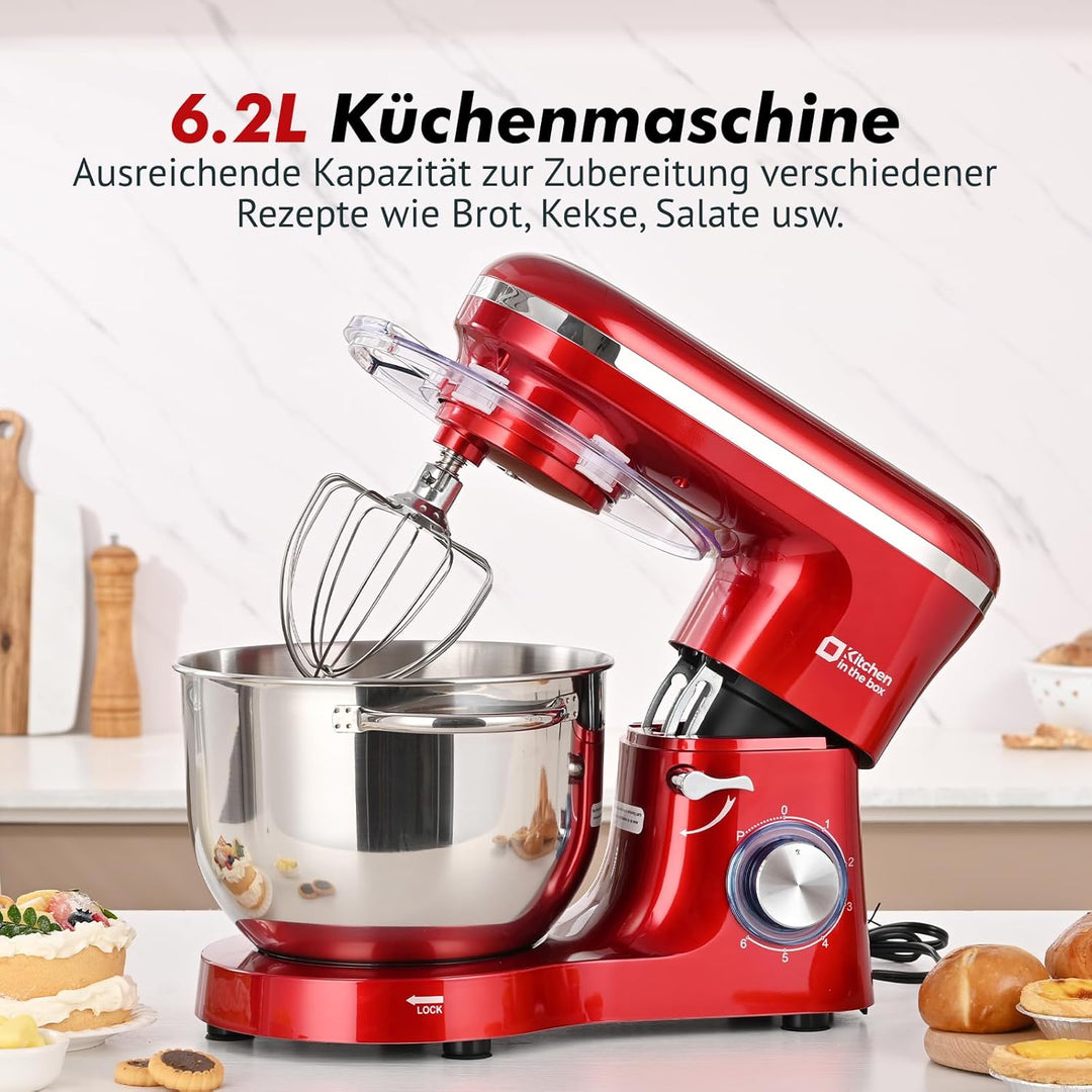Kitchen in the box Küchenmaschine, 6,2 L Knetmaschine 1400 W, 6 Geschwindigkeits Teigmaschine mit Rü