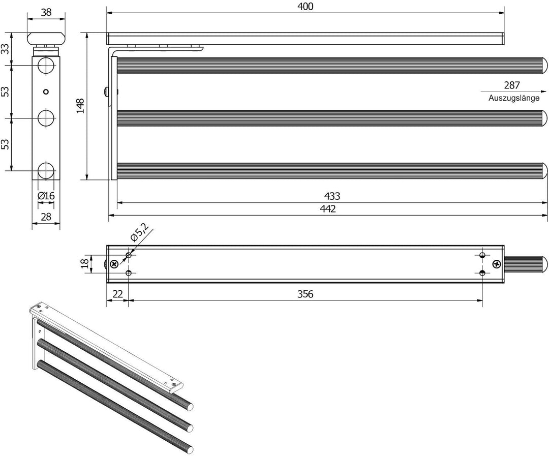 SOTECH Aluminium Handtuchhalter TED 3-armig schwarz matt (450-730 mm, ausziehbar, drehbar) Teleskop-