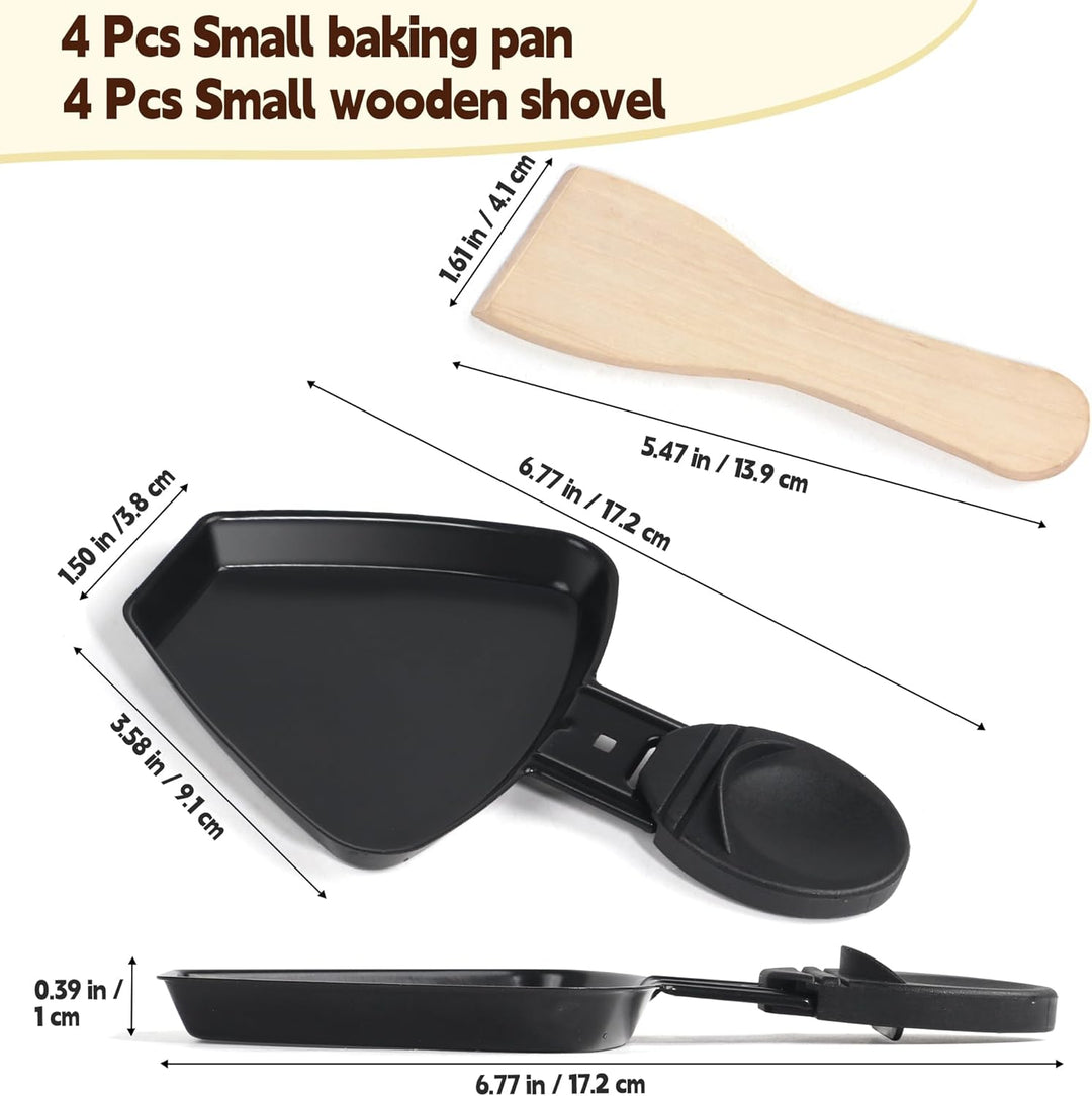 HengBO Raclette Pfännchen Set 4 Stück Mini Antihaftbeschichtet Raclette Pfännchen Ersatz mit 4 Holz