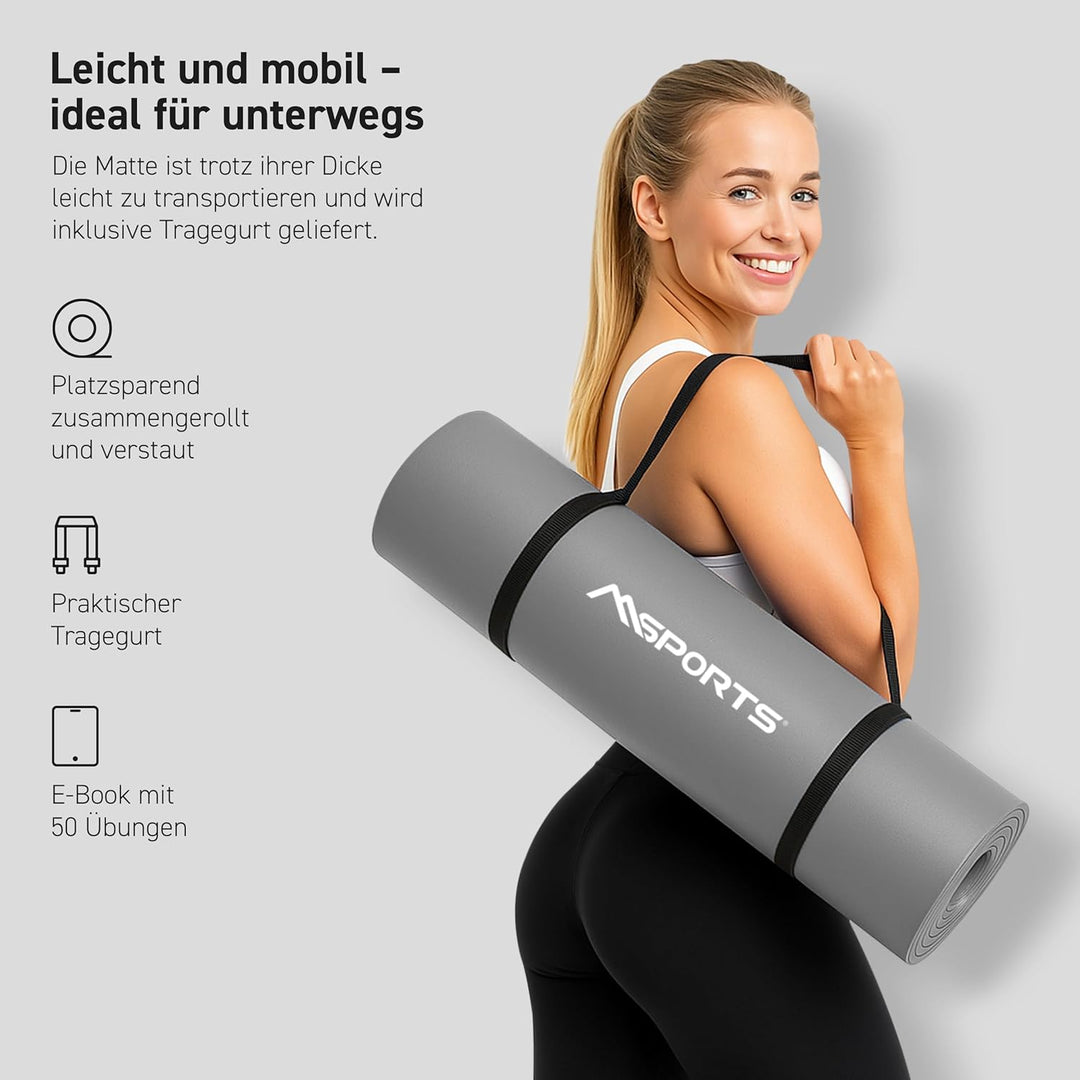 MSPORTS Gymnastikmatte | Yogamatte Premium rutschfest inkl. Tragegurt + Übungsposter + Workout App I