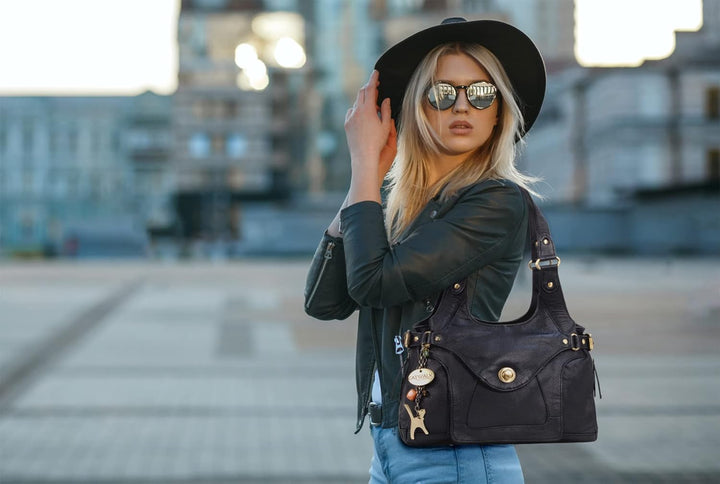 Catwalk Collection Handbags - Damen Leder Schultertasche - Handtasche Mittelgross mit Viele Fächer -
