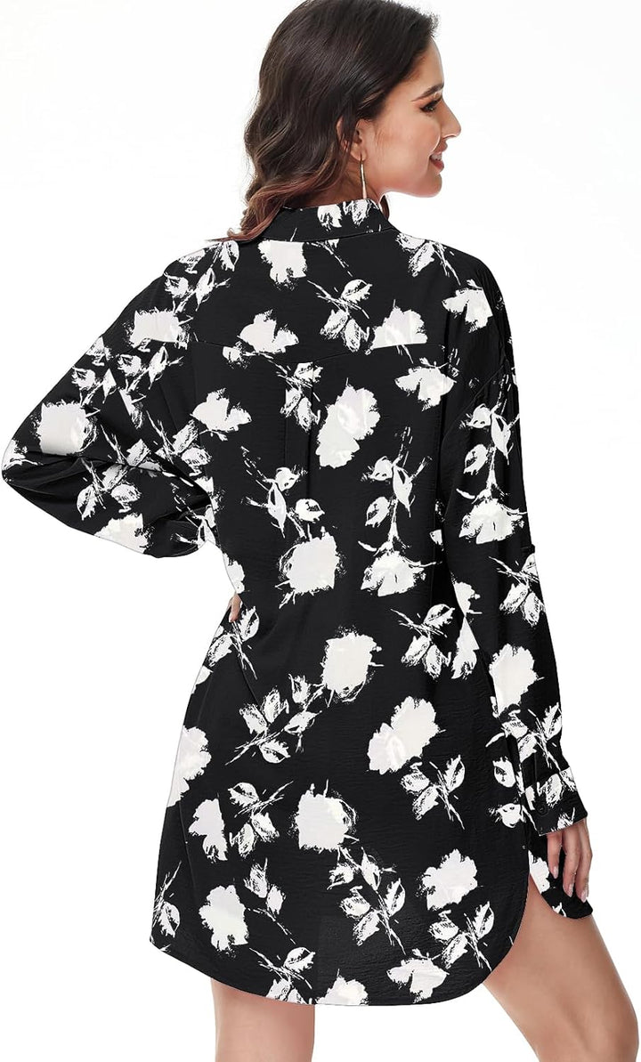 Damen Bluse V-Ausschnitt Hemdbluse Langarm Lässiges Hemd zum Knöpfen Langarmshirt Casual Oberteile A