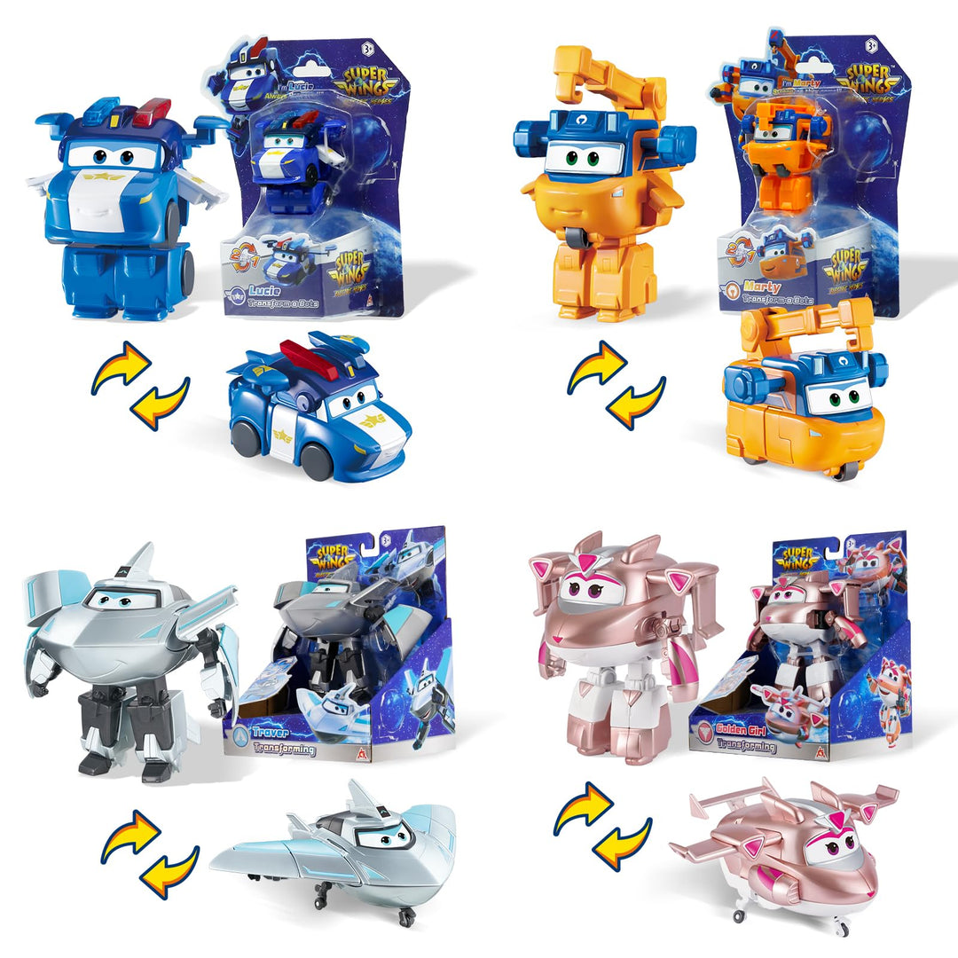 Super Wings Transforming Figuren 4 Pack, 5 cm Lucie & Marty & Traver & Golden Girl, Roboter zu Flugz